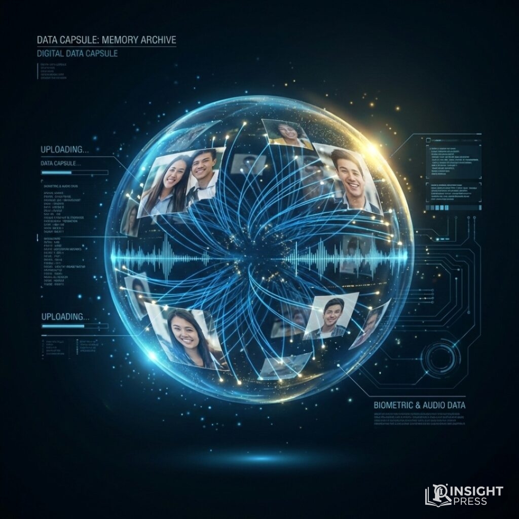 어두운 배경 속에서 빛나는 원형의 디지털 타임캡슐 안으로 학생들의 사진과 영상 데이터가 정교한 광섬유 라인을 따라 저장되는 테크니컬 그래픽