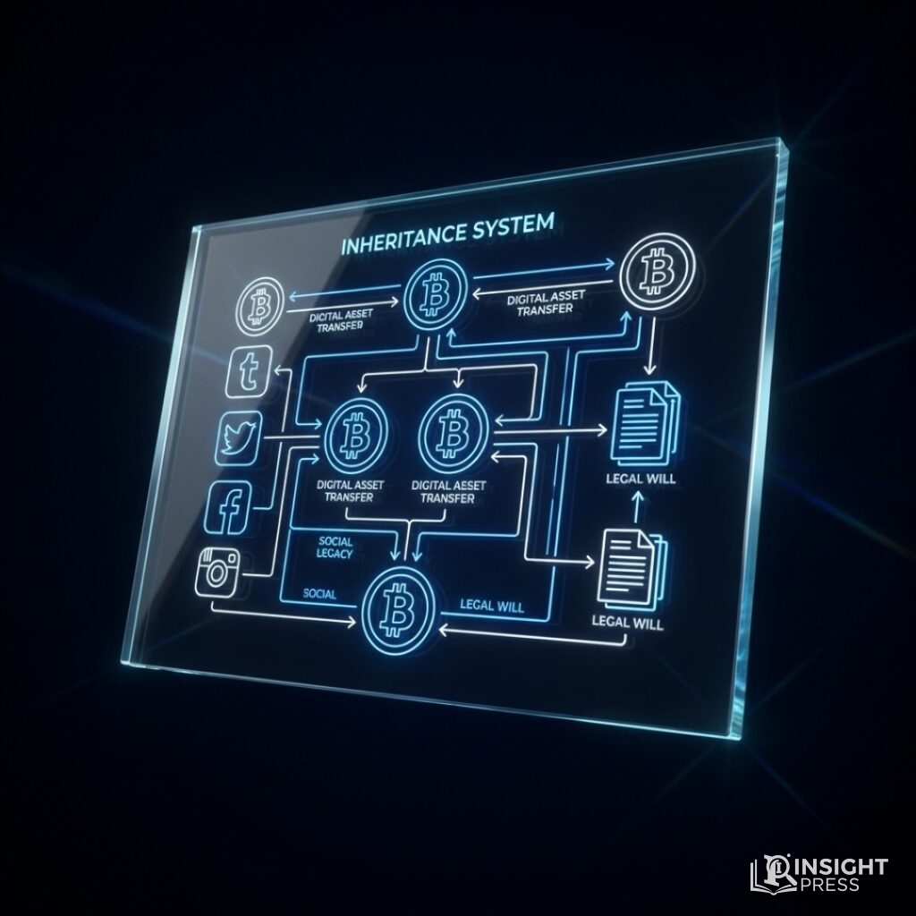 투명한 유리 레이어 위에 디지털 자산의 흐름과 상속 체계가 푸른색 선과 기하학적 문양으로 그려진 정교한 설계도 형태의 테크니컬 이미지