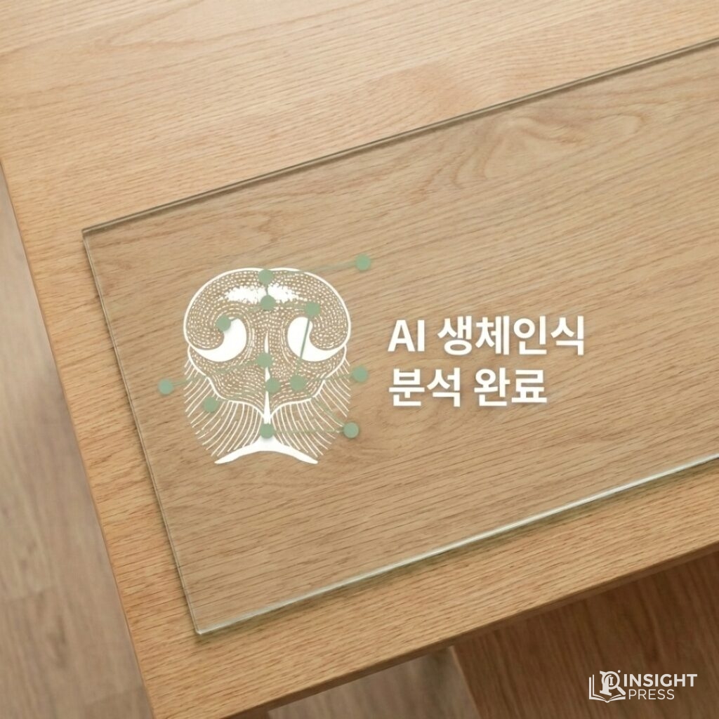 연한 베이지와 화이트 배경 위에 강아지의 비문 패턴이 정교한 점과 선으로 연결된 기하학적 분석도와 AI 알고리즘 수치가 깔끔하게 배치된 테크니컬 이미지