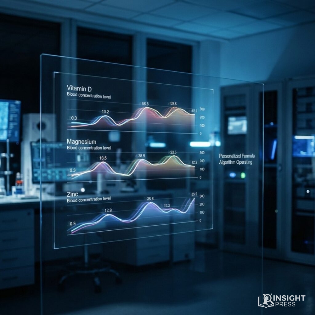 차가운 다크 블루 톤의 디지털 스크린 위로 체내 비타민, 미네랄 농도 수치와 AI가 분석한 영양소 필요 지수가 정교한 그래프와 수치로 오버레이된 테크니컬한 장면