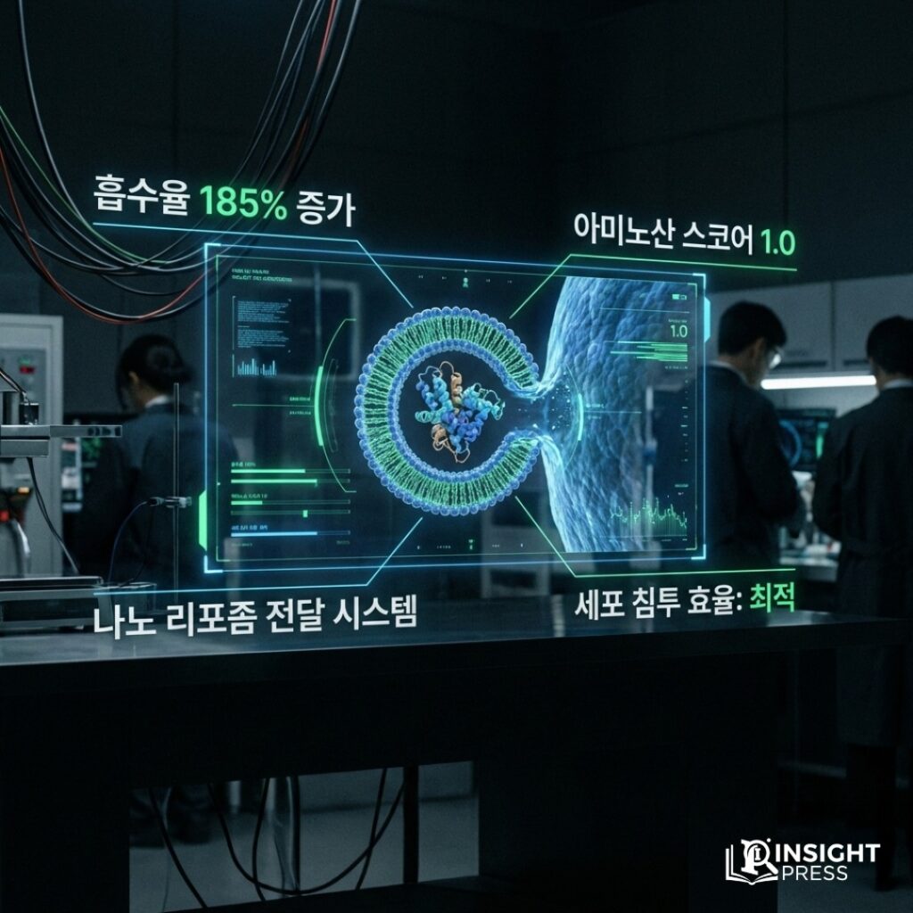 단백질 입자가 나노 캡슐에 감싸여 체내로 흡수되는 과정을 시각화한 3D 그래픽과 흡수 효율을 나타내는 디지털 수치 도표