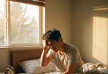 “잠을 자도 피곤한 진짜 이유, 간 때문이 아니었다?” 스트레스 호르몬 코르티솔 관리법 아침에 일어났지만 여전히 피곤한 표정으로 침대에 걸터앉아 있는 한국인 남성