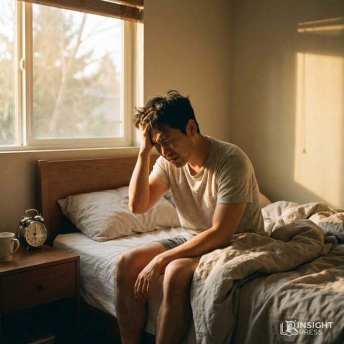 아침에 일어났지만 여전히 피곤한 표정으로 침대에 걸터앉아 있는 한국인 남성