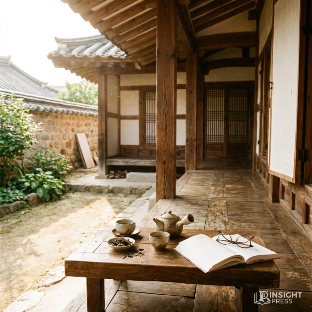 고즈넉한 한옥 마당을 바라보며 대청마루에서 따뜻한 차를 마시는 여유로운 모습
