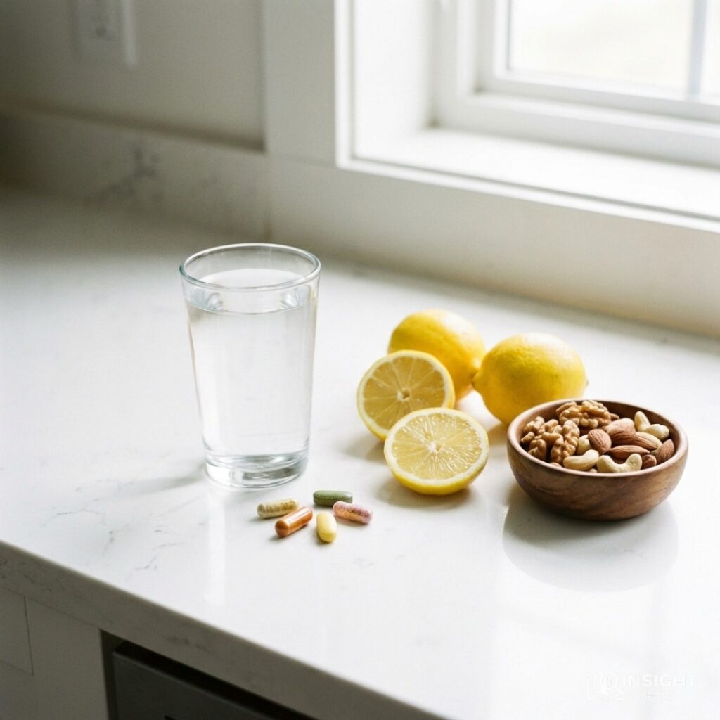 비타민 B와 마그네슘 등 피로 회복에 좋은 영양제와 신선한 과일이 놓인 깔끔한 테이블