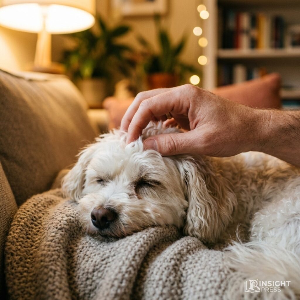 거실 소파에서 보호자가 강아지의 앞발을 따뜻하게 감싸 쥐며 교감하고 있는 감성적인 모습