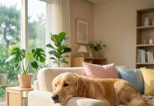 “우리 강아지도 번아웃?” 주인이 모르는 반려견의 침묵하는 고통, 3가지 신호 모던한 거실 창가에 턱을 괴고 힘없이 밖을 내다보고 있는 슬픈 표정의 강아지