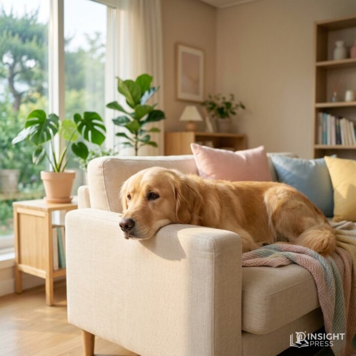 sad-dog-looking-out-window-modern-house 모던한 거실 창가에 턱을 괴고 힘없이 밖을 내다보고 있는 슬픈 표정의 강아지